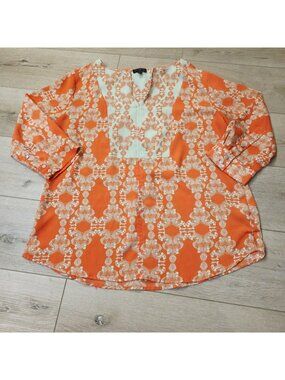 The Limited Boho Hippie Damask V Neck 3/4 Sleeve Tunic Blouse Top Sz Lg